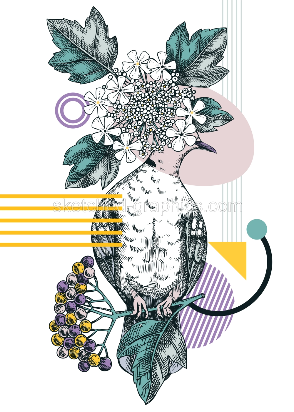 Collage style dove vector illustration. Hand-drawn bird on blooming guelder rose branches with flowers, berries, leaves. Trendy design with botanical sketches, geometric shapes, and abstract elements. Illustration